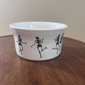 Fiesta White Dancing Skeletons Ramekin Halloween Ceramic Bowl 4in Vtg Style